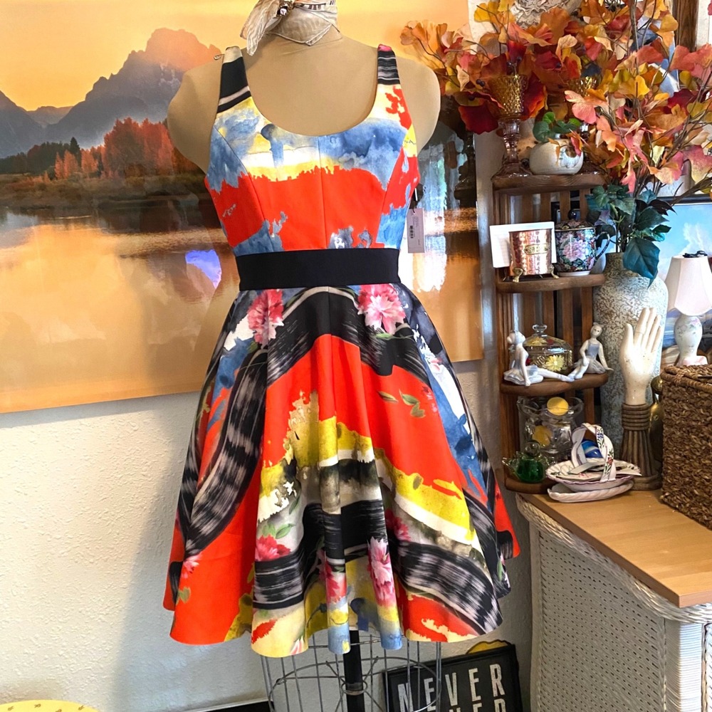 New Milly Scoopneck Circle Dress Art To Wear Abstract Floral Womens 0 Multi - Picture 1 of 10